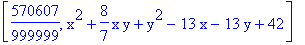 [570607/999999, x^2+8/7*x*y+y^2-13*x-13*y+42]